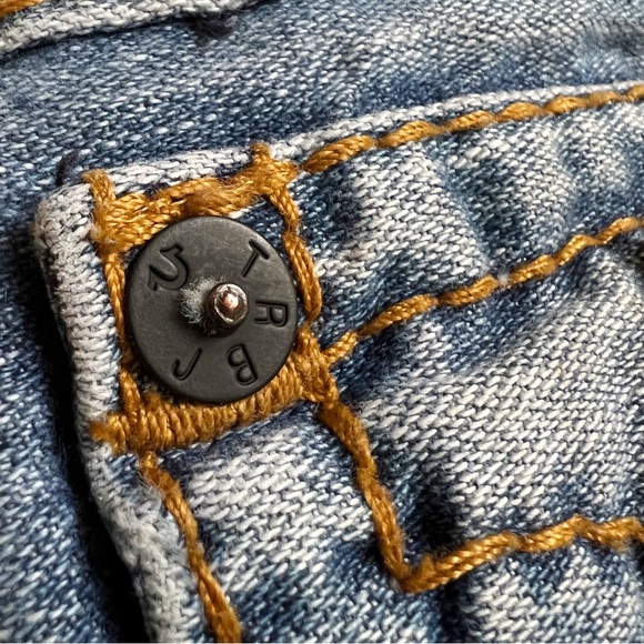 True Religion Big T Straight Flap Red Orange Stitch Distressed Denim Blue Jeans - Picture 5 of 16